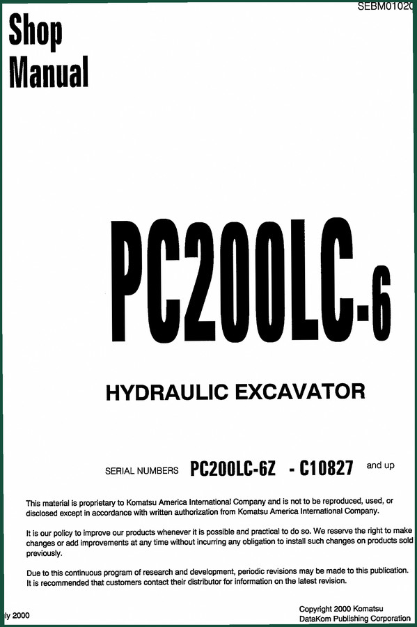 Komatsu PC200LC-6 2000 Workshop Manual – 540 Pages OEM Specs