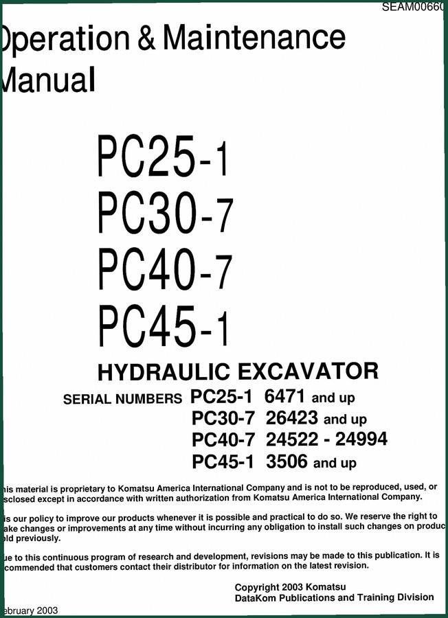 Komatsu PC25-1 PC30-7 PC40-7 PC45-1 2003 Operators Manual