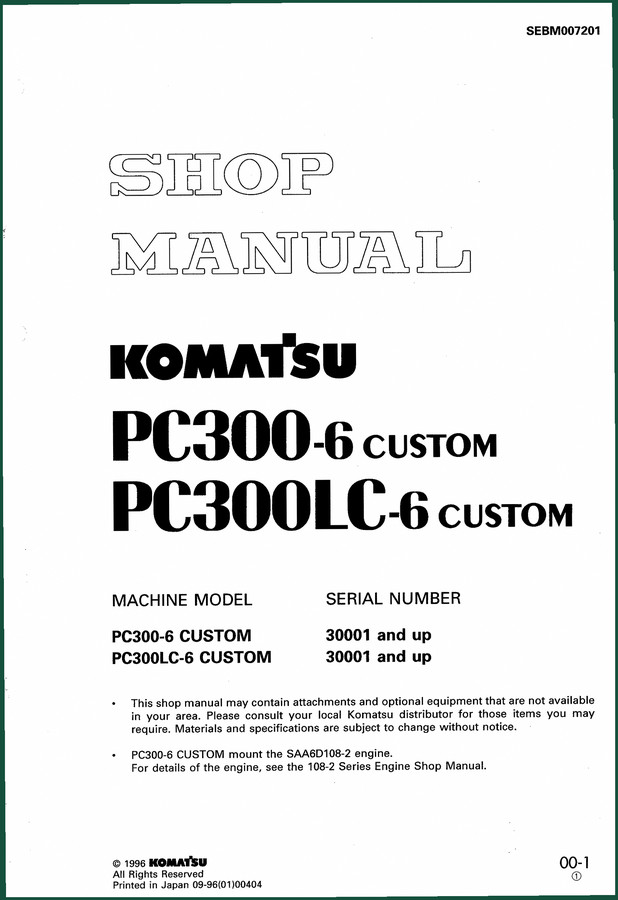 Komatsu PC300LC-6 PC300-6 PC350-6 PC350LC-6 2002 Workshop Manual