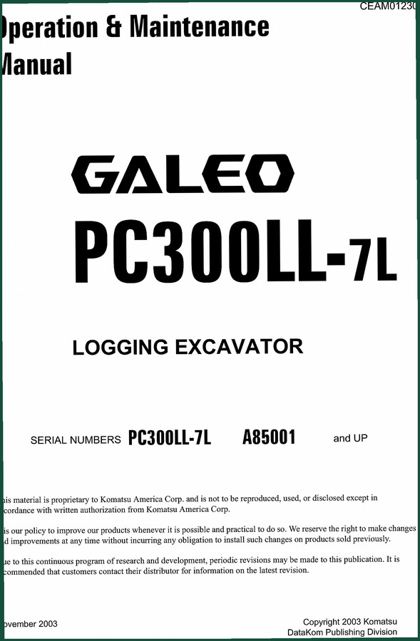 Komatsu PC300LL-7 2003 Service Manual – Factory Specs for Logging Excavator