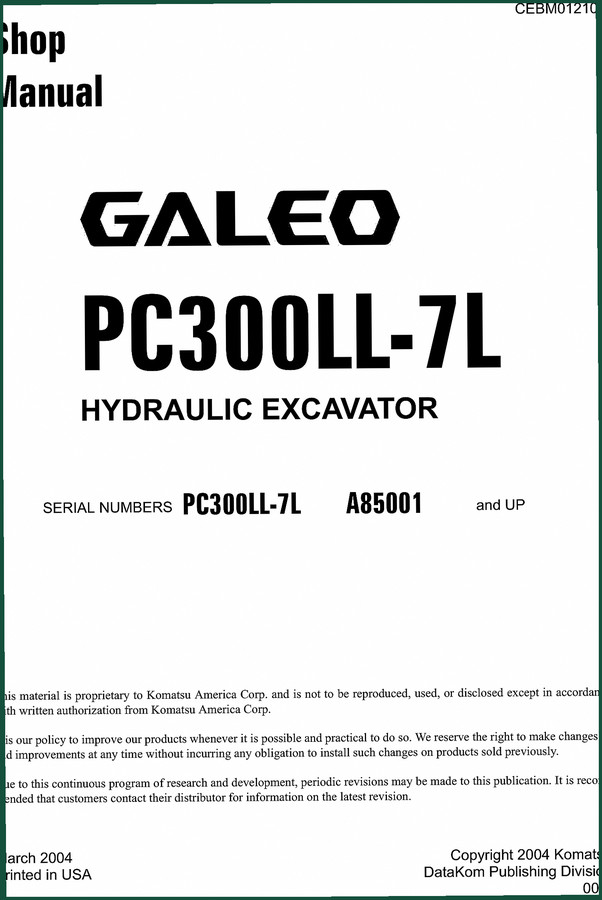 Komatsu PC300LL-7L 2004 Workshop Manual – 676 Pages of Factory Specs