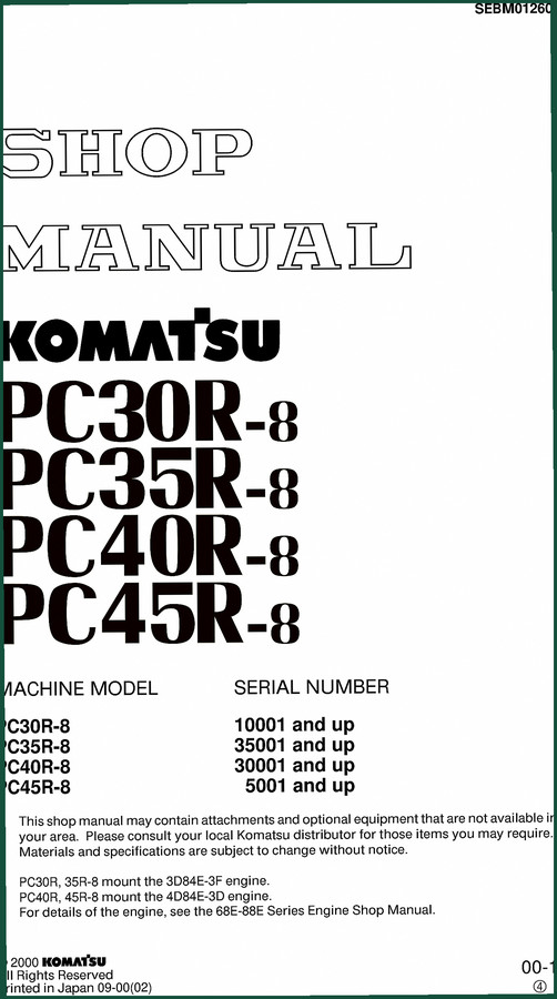 Komatsu PC35R-8 PC45R-8 PC30R-8 PC40R-8 2000 Workshop Manual – Torque & Diagnostics