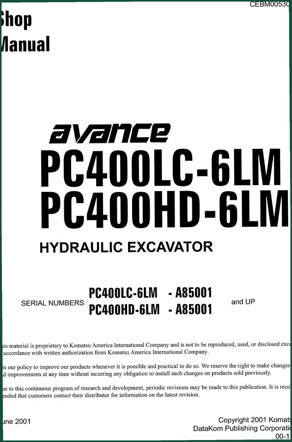 Komatsu PC400LC-6LM, PC400HD-6LM 2001 Service Manual – 868 Pages