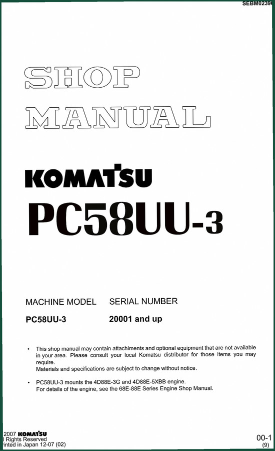 Komatsu PC58UU-3 2007 Workshop Manual – Factory Specs & Procedures