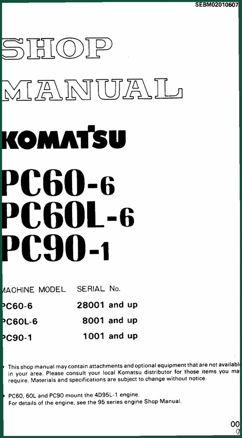 Komatsu PC60-6 PC60L-6 PC90-1 Workshop Manual 451 Pgs OEM Specs