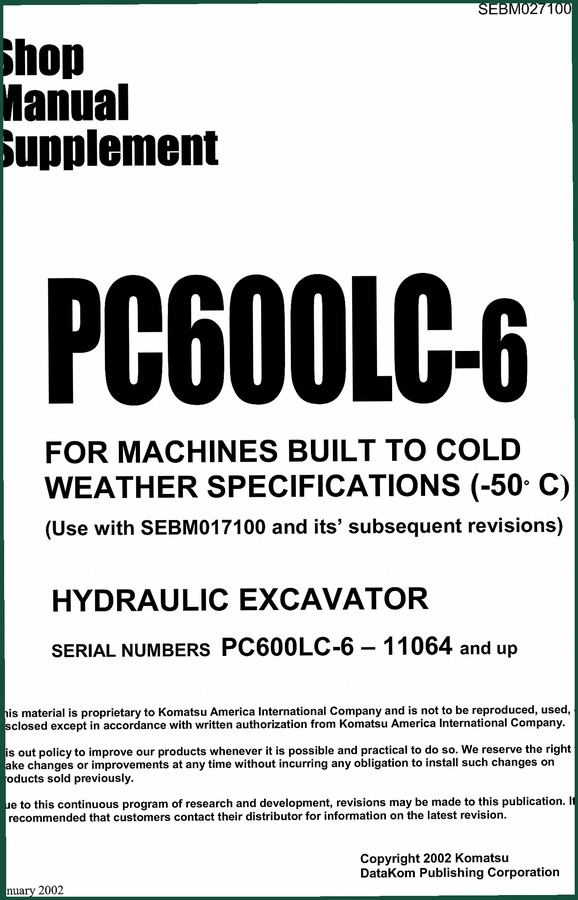 Komatsu PC600LC-6 2002 Service Manual – Factory Repair Data