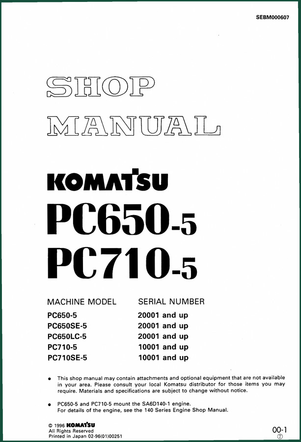 Komatsu PC650-5, PC650SE-5, PC650LC-5, PC710-5, PC710SE-5 1996 Workshop Manual