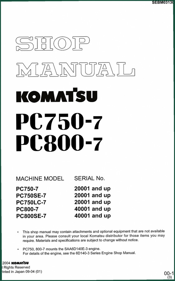 Komatsu PC750-7, PC750SE-7, PC750LC-7, PC800-7, PC800SE-7 2004 Workshop Manual – Factory Specs