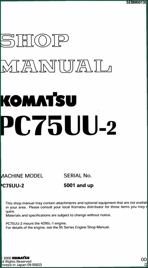 Komatsu PC75UU-2 2000 Workshop Manual – Factory Specs for Engine & Electrical