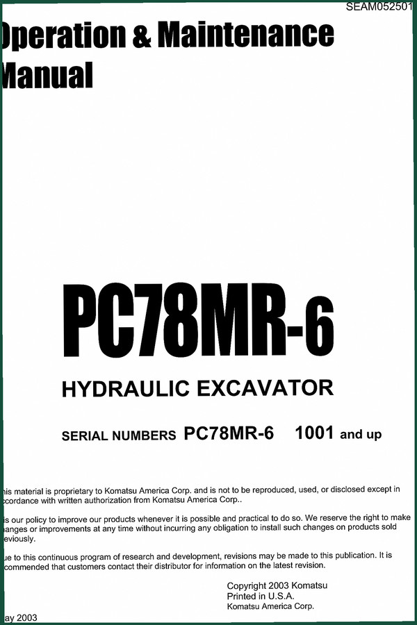 Komatsu PC78MR-6 2003 Service Manual – 291 Pages of Factory Specs