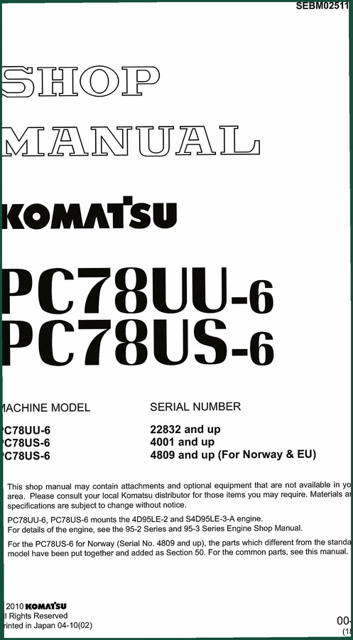 Komatsu PC78UU-6 Service Manual – Factory Specs for Excavator Engine