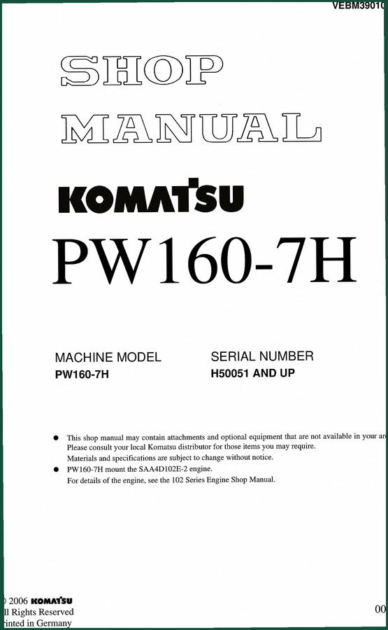 Komatsu PW160-7H 2006 Service Manual – 956 Pages of Factory Specs