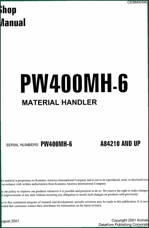 Komatsu PW400MH-6 2001 Operators Manual – Factory Specs