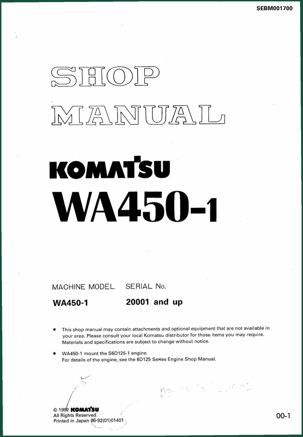 Komatsu WA450-1 1992 Workshop Manual – OEM Specs