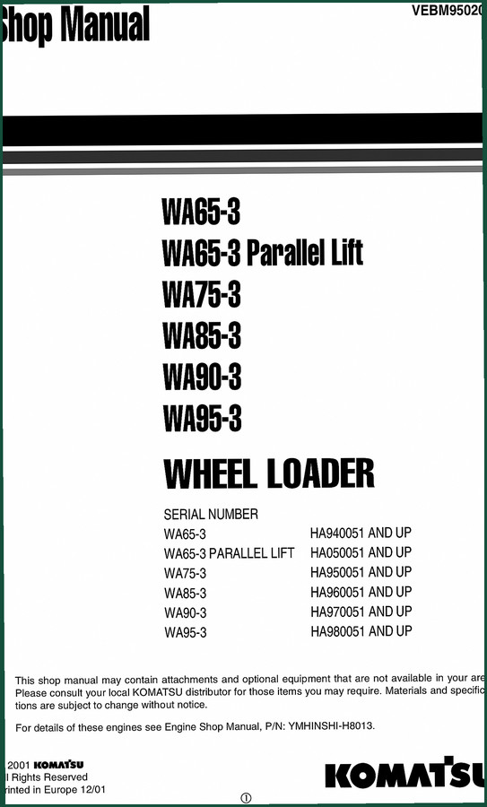 Komatsu WA65-3 to WA95-3 2001 Repair Manual – Factory Specs for Wheel Loader Service