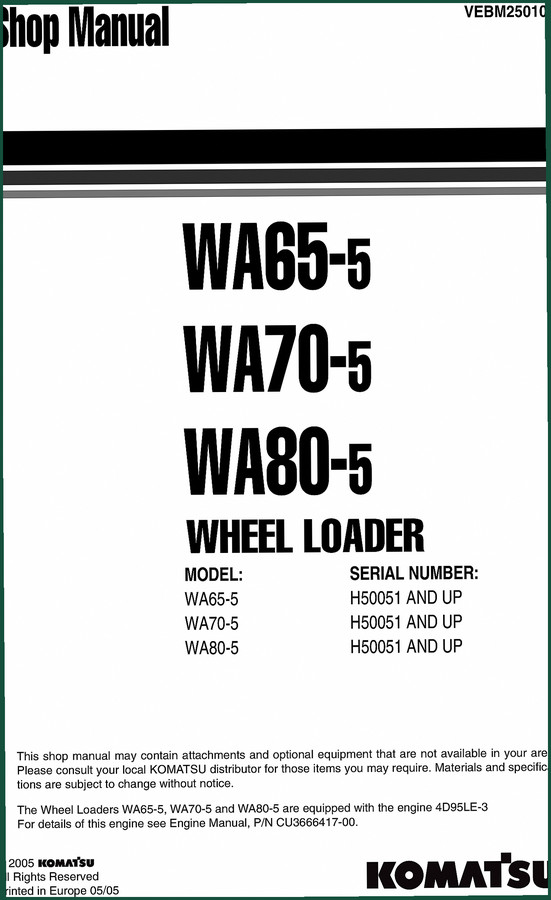 Komatsu WA65-5, WA70-5, WA80-5 2005 Workshop Manual – Factory Specs