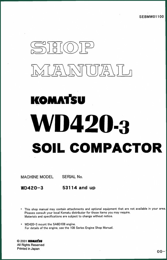 Komatsu WD420-3 2001 Workshop Manual – Factory Service Specifications