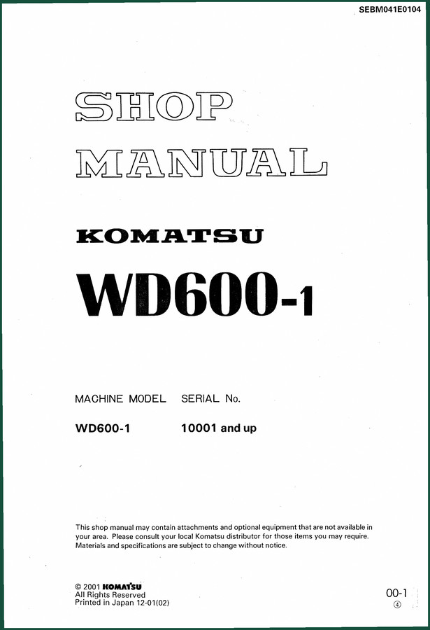Komatsu WD600-1 2001 Workshop Manual – 742-Page Factory Service Document