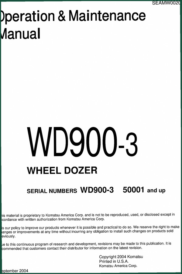 Komatsu WD900-3 2004 Operators Manual – Factory Specs Overview