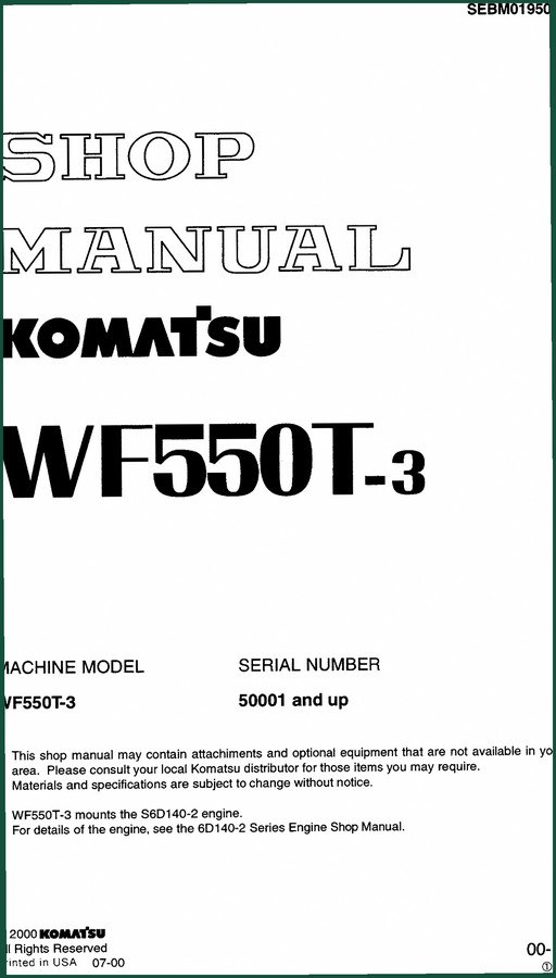 Komatsu WF550T-3 2000 Workshop Manual – Factory Specs & Procedures