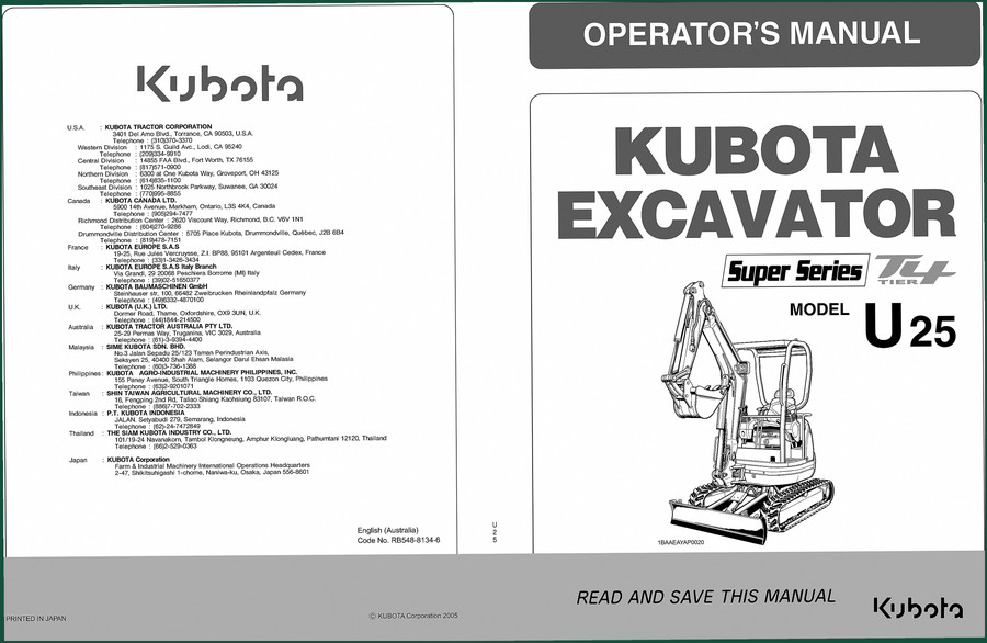 Kubota U25 2005 Operators Manual – Factory Operating Specs
