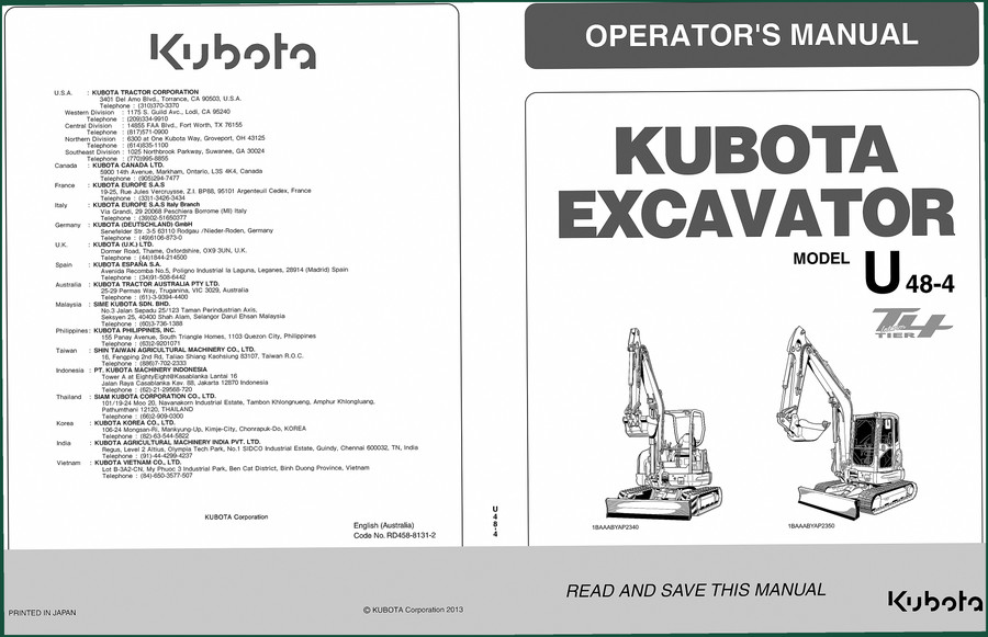 Kubota U48-4 2013 Operators Manual – Factory Specs for Excavator