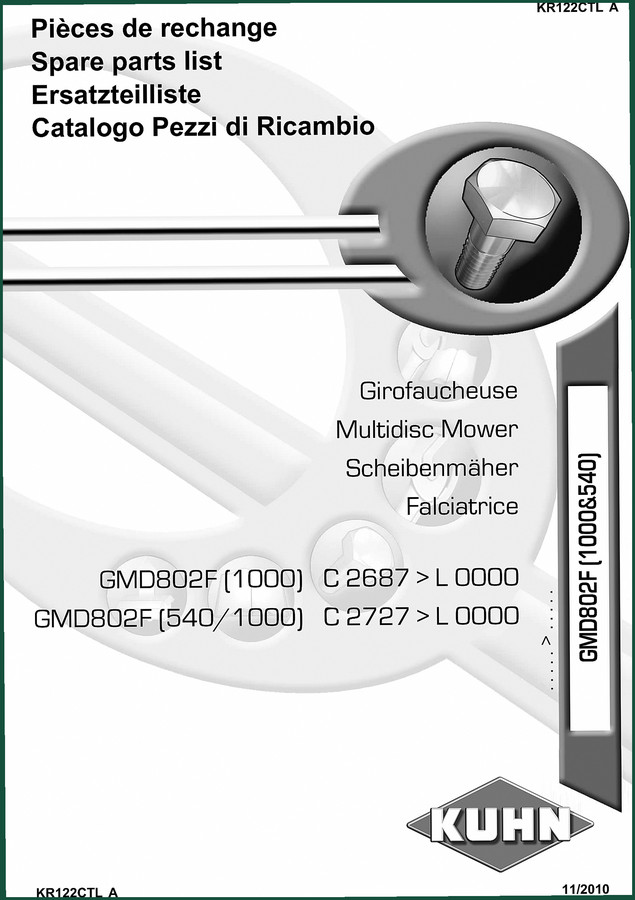 KUHN GMD802F (1000), GMD802F (540/1000), GMD802F (1000&540) 2010 Parts Catalog