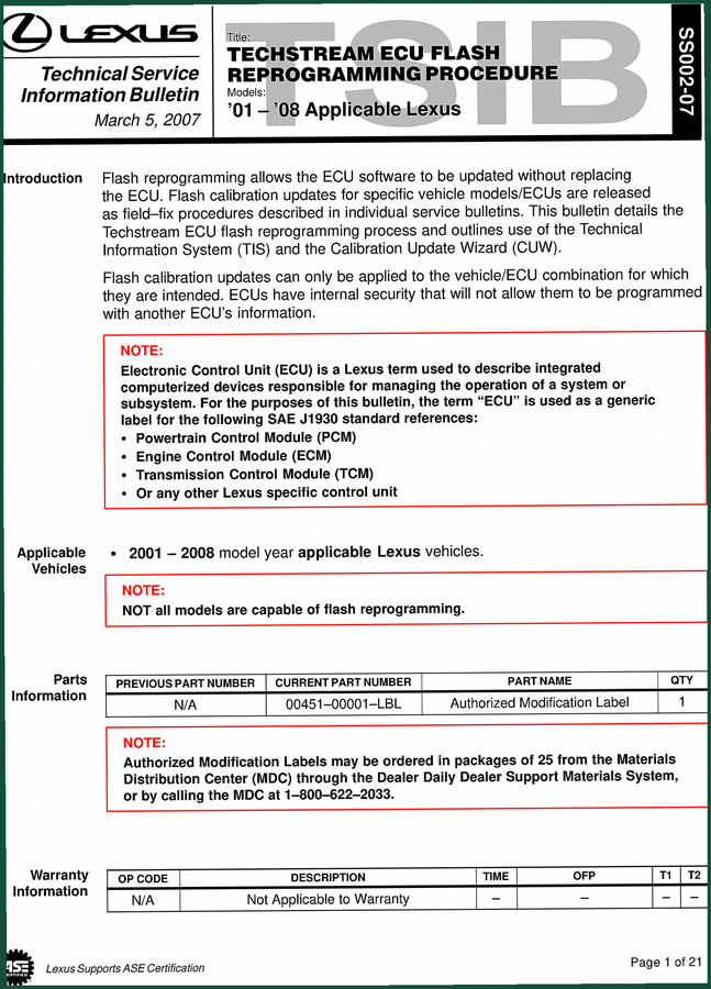 Lexus Lexus 2007 Technical Manual – ECU Flash Reprogramming