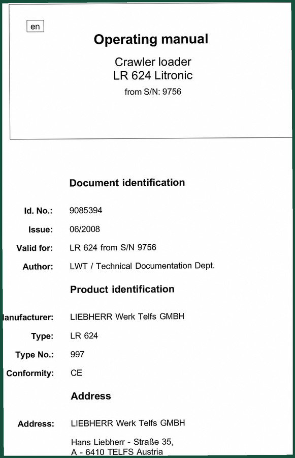 Liebherr LR 624 2008 Operators Manual – OEM Factory Specs