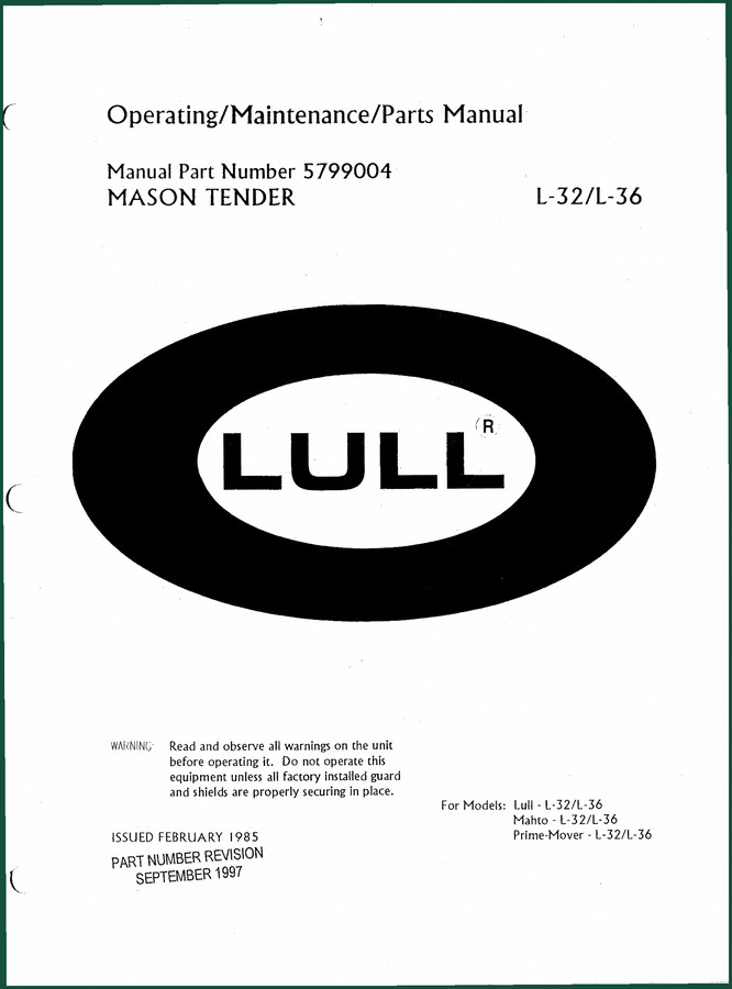 Lull L-32, L-36 1985 Service Manual – Factory Specs for Boom Loader