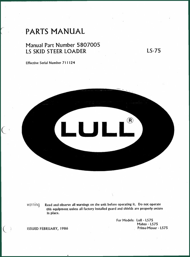 Lull LS75, Lull - LS75, Maxto - LS75, Prime-Mover - LS75 1986 Parts Catalog