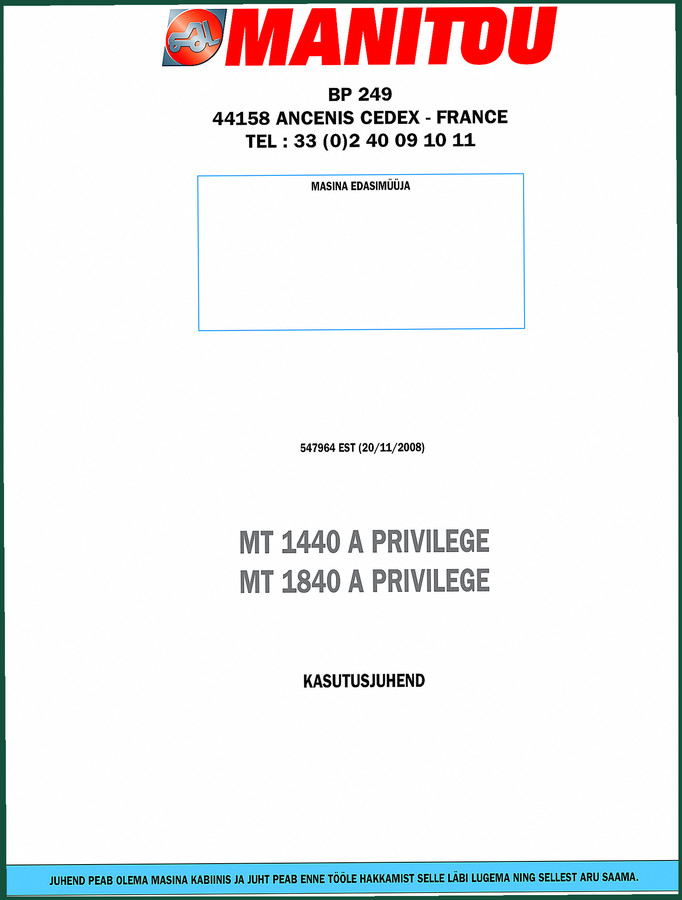 Manitou MT 1440 A, MT 1840 A 2008 Operators Manual