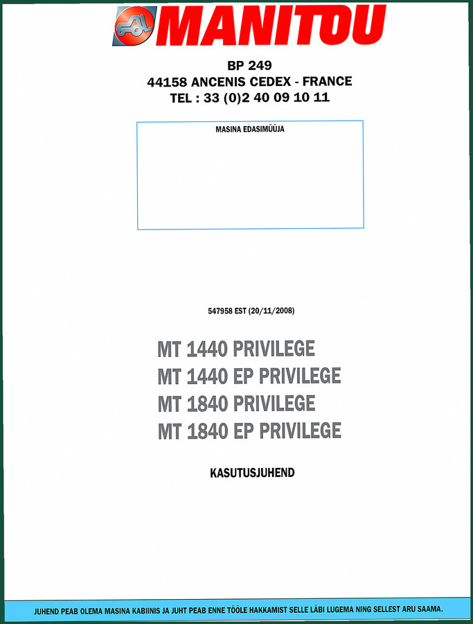 Manitou MT 1440 & MT 1840 Privilege 2008 Operators Manual – 142 Pages