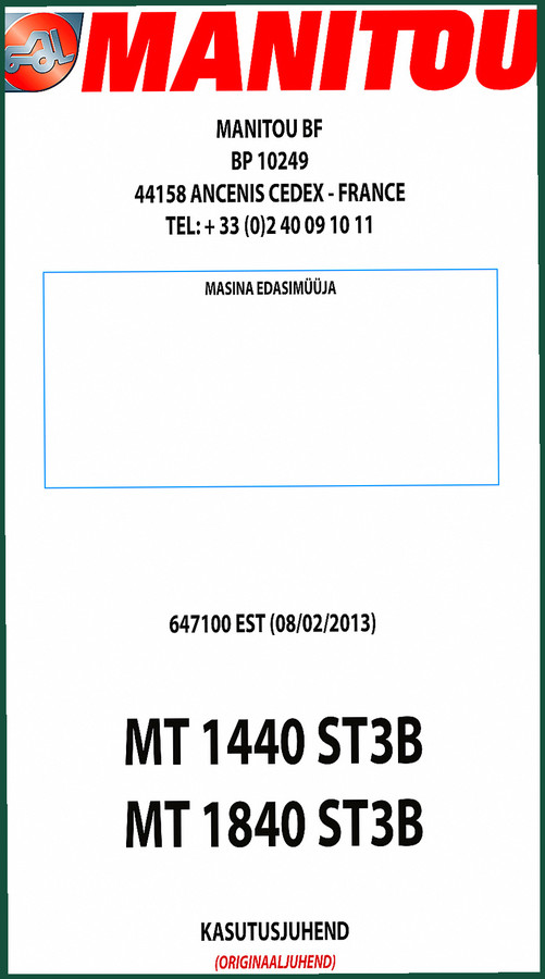 Manitou MT 1440 ST3B, MT 1840 ST3B 2013 Operators Manual – Operator Documentation