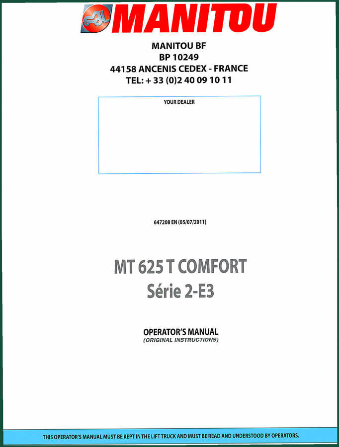 Manitou MT 625 T COMFORT 2011 Operators Manual – 130 Pages