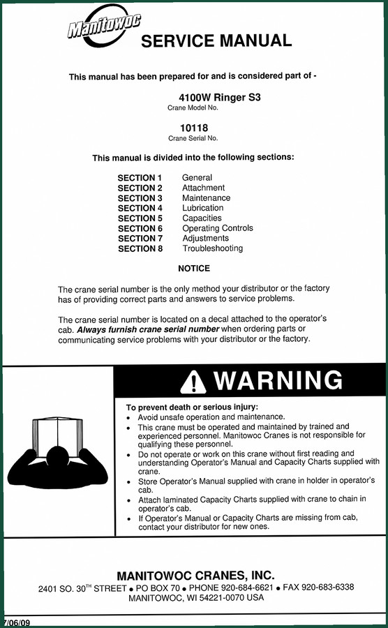 Manitowoc 4100W Ringer S3 2009 Service Manual – 198 Pages | AutoFix Global