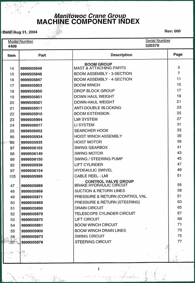Manitowoc Crane 4409 2004 Parts Catalog – 335 Pages OEM