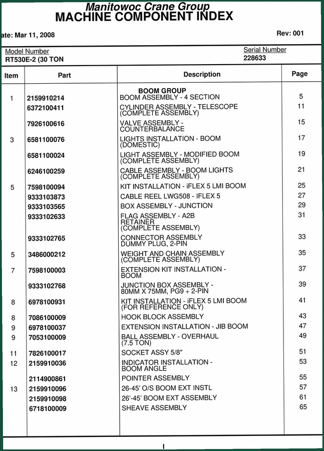 Manitowoc Crane RT530E-2 2008 Parts Catalog – OEM Specs
