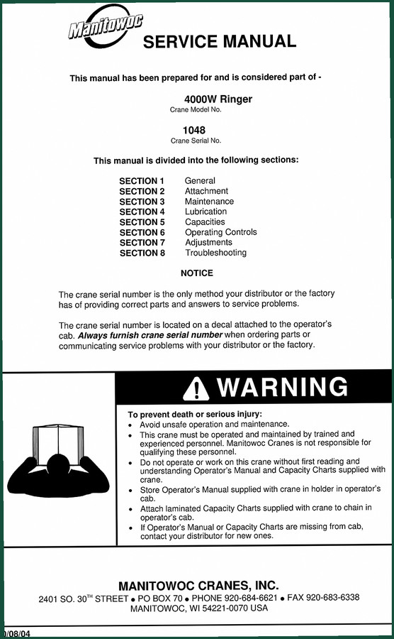 Manitowoc Cranes 4000W Ringer 1997 Service Manual – 212 Pages