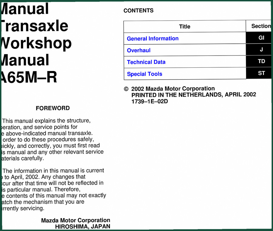 Mazda A65M-R 2002 Workshop Manual – Factory Transaxle Service Data