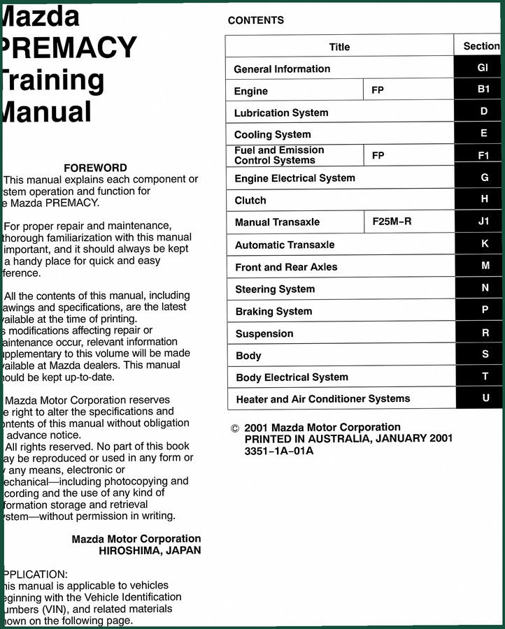 Mazda 626, 323, PREMACY 2001 Training Manual – OEM System Operation Guide