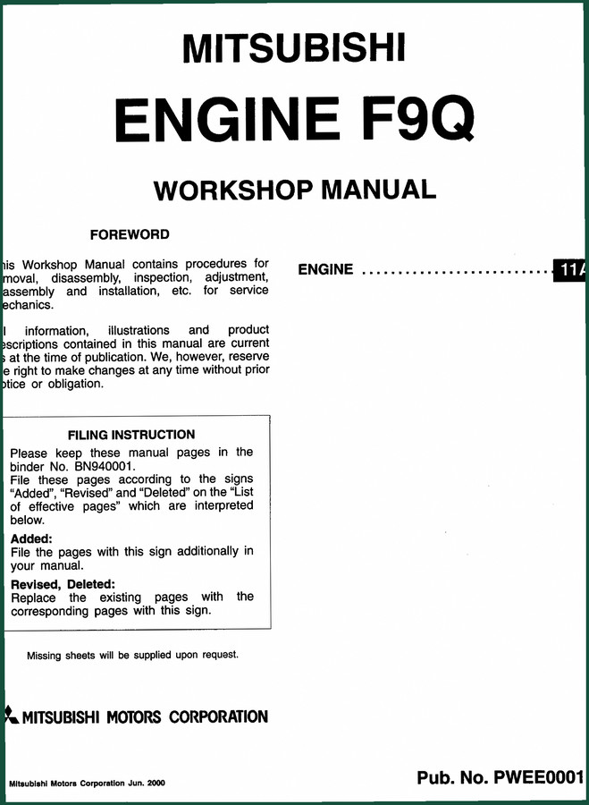 Mitsubishi F9Q 2000 Workshop Manual – Factory Engine Specs