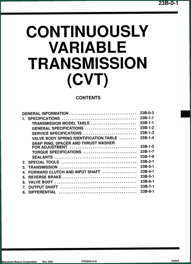 Mitsubishi Motors F1C1A 2001 Technical Manual – CVT Service Specs