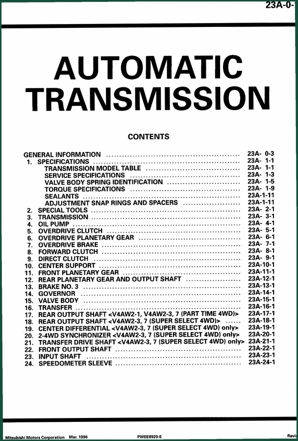 Mitsubishi R4AW2-1, R4AW2-3, R4AW2-7 1996 Workshop Manual – 124 Pages of Factory Specs