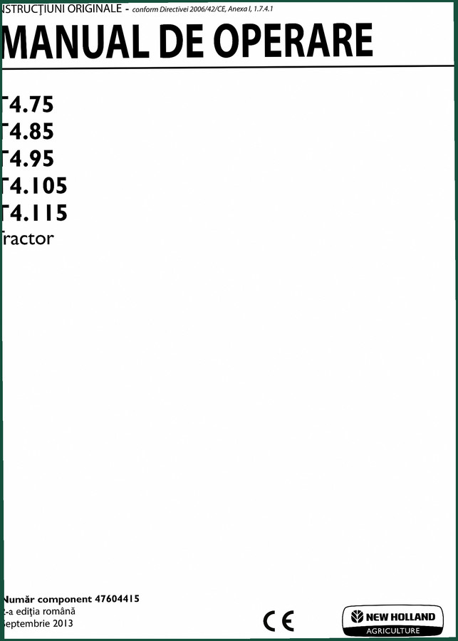 New Holland T4.75, T4.85, T4.95, T4.105, T4.115 2013 Operators Manual