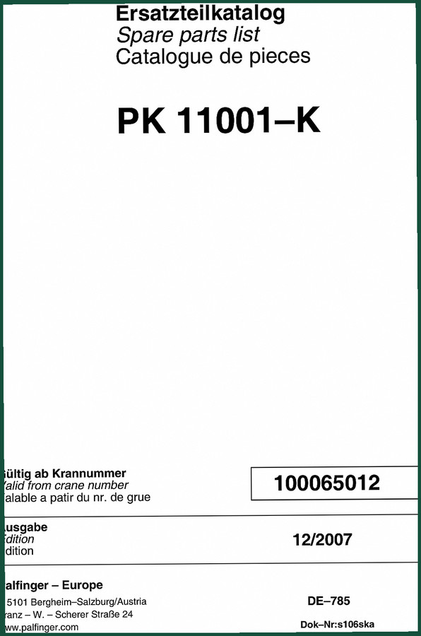 Palfinger PK 11001-K 2007 Parts Catalog – 271 Pages OEM Data