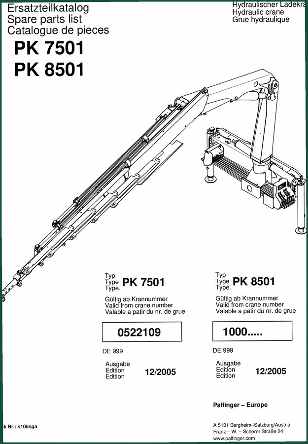 Palfinger PK 7501, PK 8501 2005 Parts Catalog - 168 Pages