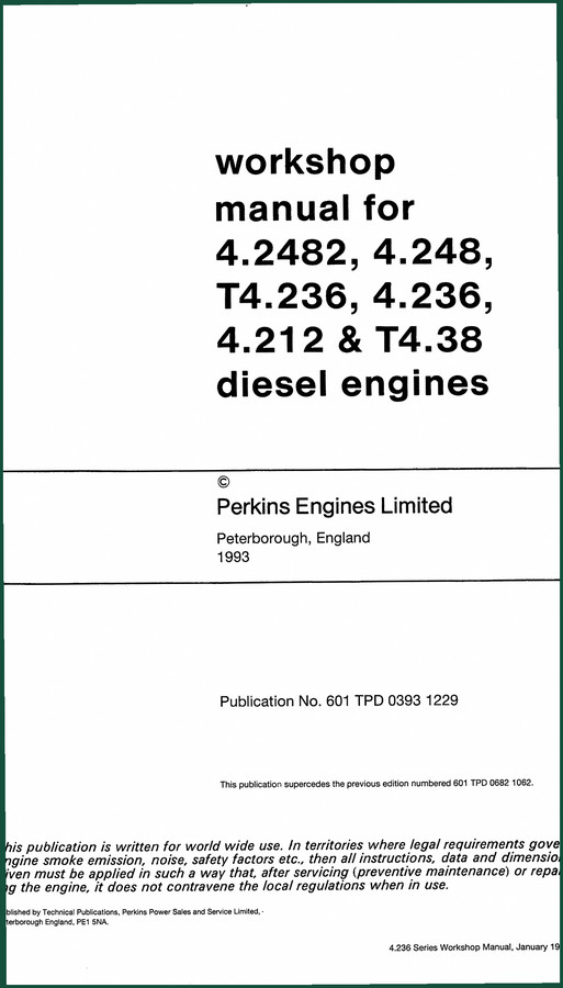 Perkins Engines 4.2482, 4.248, 4.236, 4.212, T4.38 1993 Workshop Manual – Factory Specs