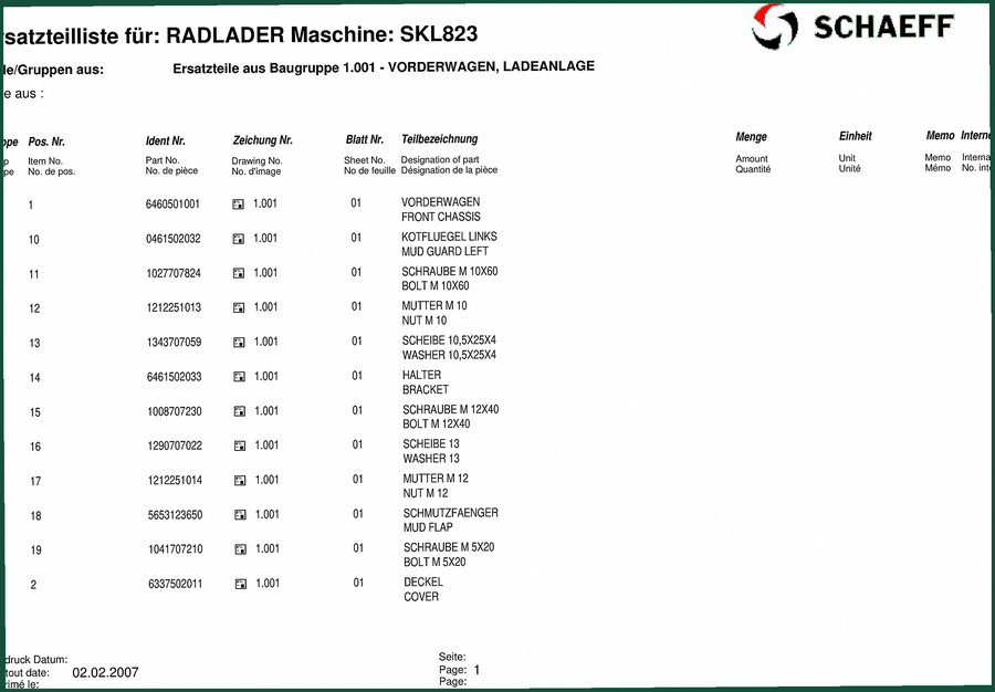 Schaeff SKL823 2007 Parts Catalog – OEM Parts Data for Wheel Loader
