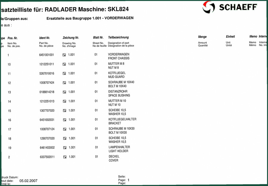 Schaeff SKL824 2002 Parts Catalog – OEM Parts Data for Loader